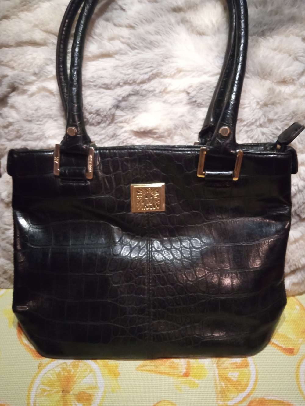 Anne Klein Black Croc-Embossed Shoulder Bag with Gold Hardware